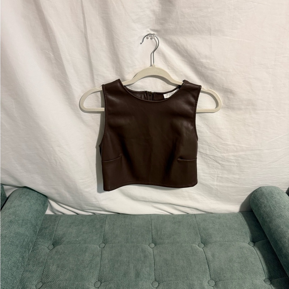 Brown Leather Sleeveless Crop Top